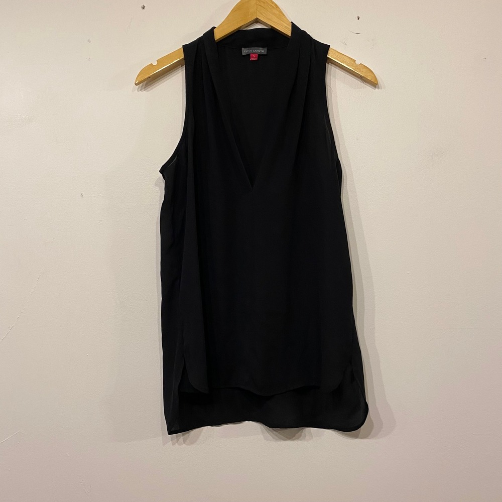 Vince Camuto Black Sleeveless V-Neck Pleated Shoulder High-Low Blouse Small